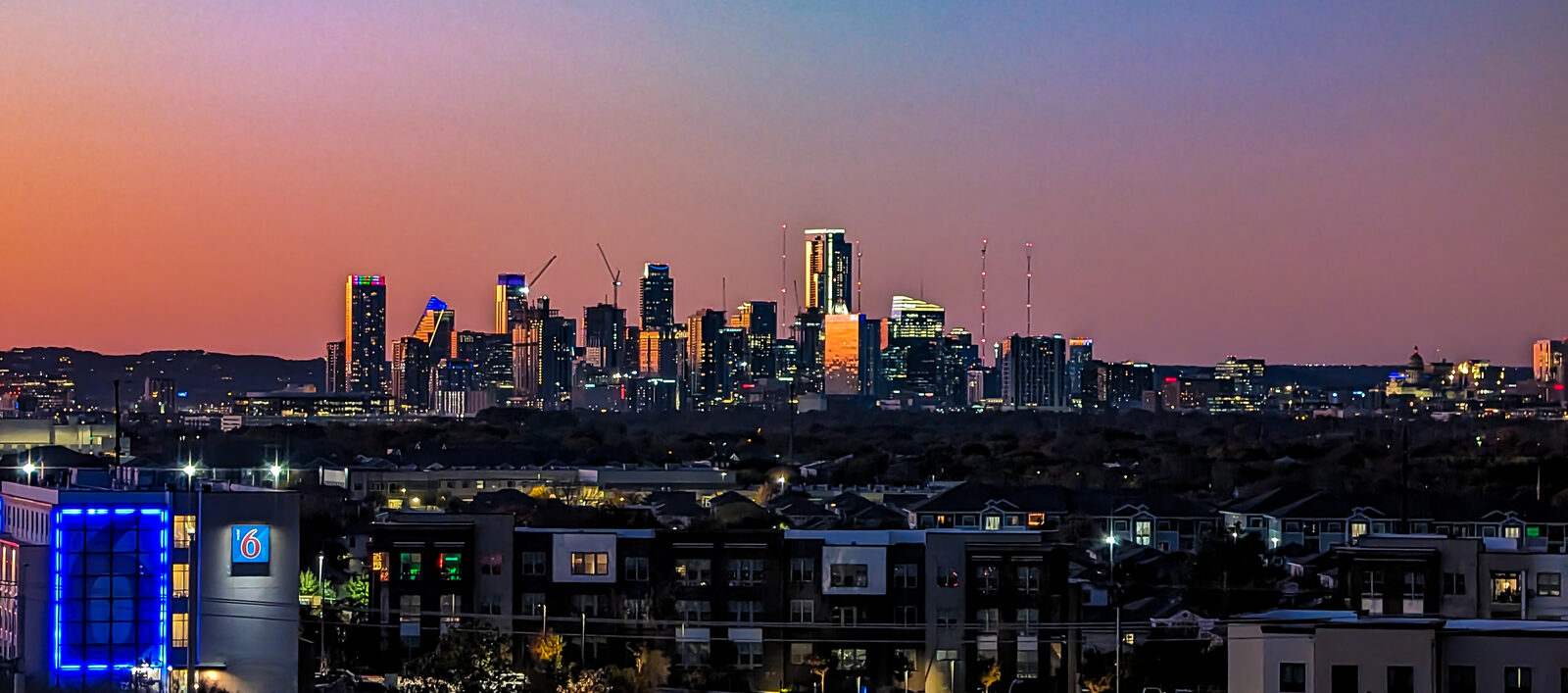 The downtown Austin skyline at dusk